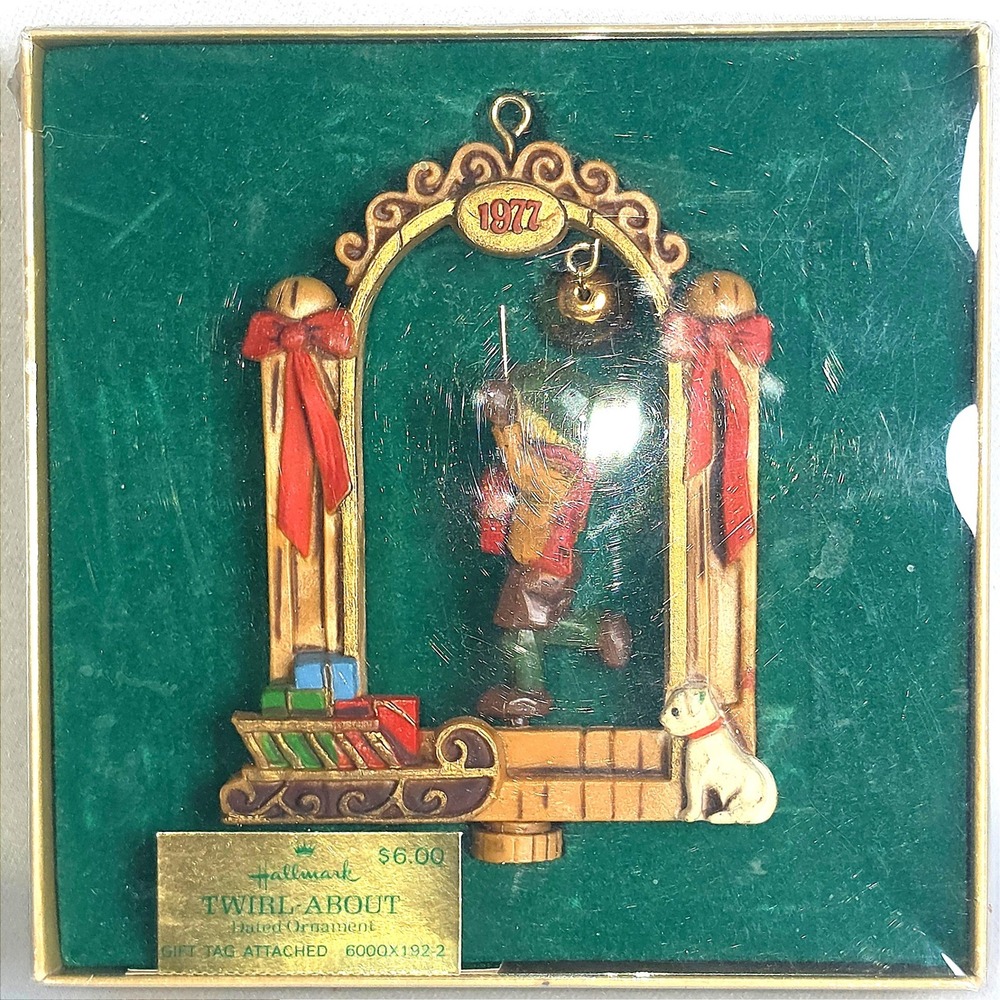 Vintage 1977 Hallmark Keepsake Twirl-About Christmas Ornament Boy Dog Sled Bell